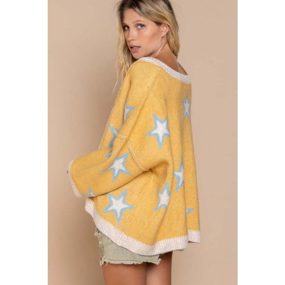 NEW POL Dandelion Blue Star Diamond Knit Color Block V Neck Oversized Sweater - Picture 8 of 11